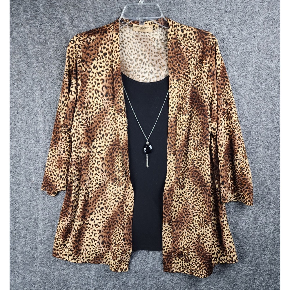 Notations Cardigan Set Womens 1X WITF0404 Brown Leopard Print Tank Necklace EUC